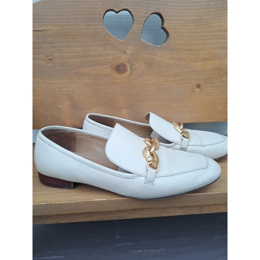 Tory Burch Women's Leather Cream Jessa Loafers Gold-Tone Horse Hardware Size 9 M